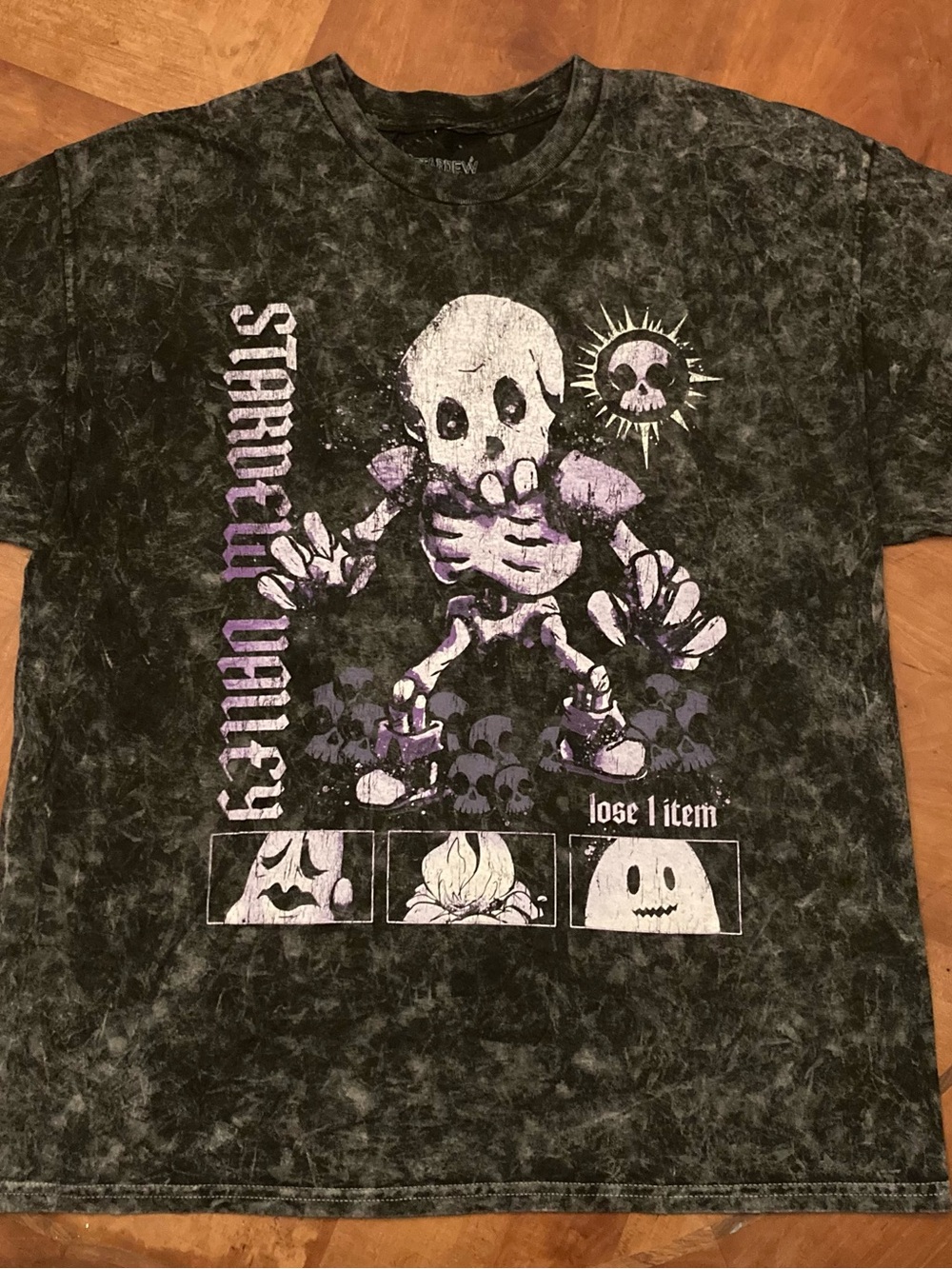 L Hot Topic Black Stonewash Skeleton Graphic Tee with Purple Accents